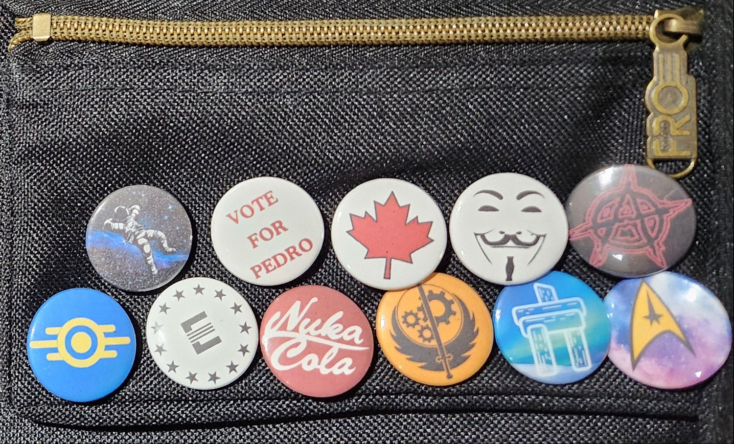 Collection of pins and a card in a black pouch with a zipper.